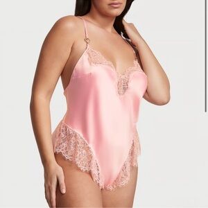 Elegant Pink Lace Trim Satin Bodysuit Teddy